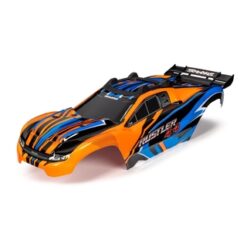 Body, Rustler 4X4, orange & blue/ window, grille, lights decal sheet (assembled with front & rear body mounts and rear body support for clipless mounting) [TRX6734T]