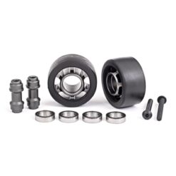 Wheels, wheelie bar, 6061-T6 aluminum (dark titanium-anodized) (2)/ axle, wheelie bar, 6061-T6 aluminum (2)/ 10x15x4 ball bearings (4) [TRX7775A]