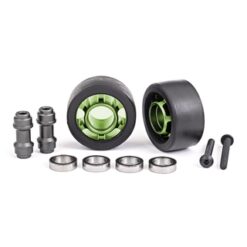 Wheels, wheelie bar, 6061-T6 aluminum (green-anodized) (2)/ axle, wheelie bar, 6061-T6 aluminum (2)/ 10x15x4 ball bearings (4) [TRX7775G]