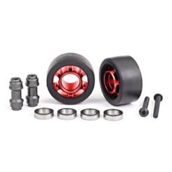 Wheels, wheelie bar, 6061-T6 aluminum (red-anodized) (2)/ axle, wheelie bar, 6061-T6 aluminum (2)/ 10x15x4 ball bearings (4) [TRX7775R]