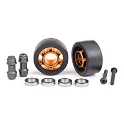 Wheels, wheelie bar, 6061-T6 aluminum (orange-anodized) (2)/ axle, wheelie bar, 6061-T6 aluminum (2)/ 10x15x4 ball bearings (4) [TRX7775T]