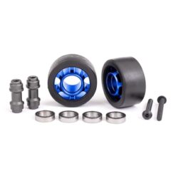Wheels, wheelie bar, 6061-T6 aluminum (blue-anodized) (2)/ axle, wheelie bar, 6061-T6 aluminum (2)/ 10x15x4 ball bearings (4) [TRX7775X]