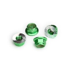 Nuts, 5mm flanged nylon locking (aluminum, green-anodized, serrated) (4) [TRX8447G]