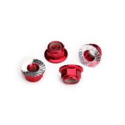 Nuts, 5mm flanged nylon locking (aluminum, red-anodized, serrated) (4) [TRX8447R]