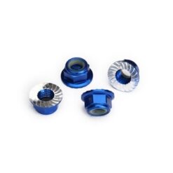 Nuts, 5mm flanged nylon locking (aluminum, blue-anodized, serrated) (4) [TRX8447X]