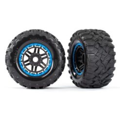 Tires & wheels, assembled, glued (black, blue beadlock style wheels, Maxx MT tir [TRX8972A]