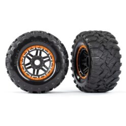 Tires & wheels, assembled, glued (black, orange beadlock style wheels, Maxx MT t [TRX8972T]